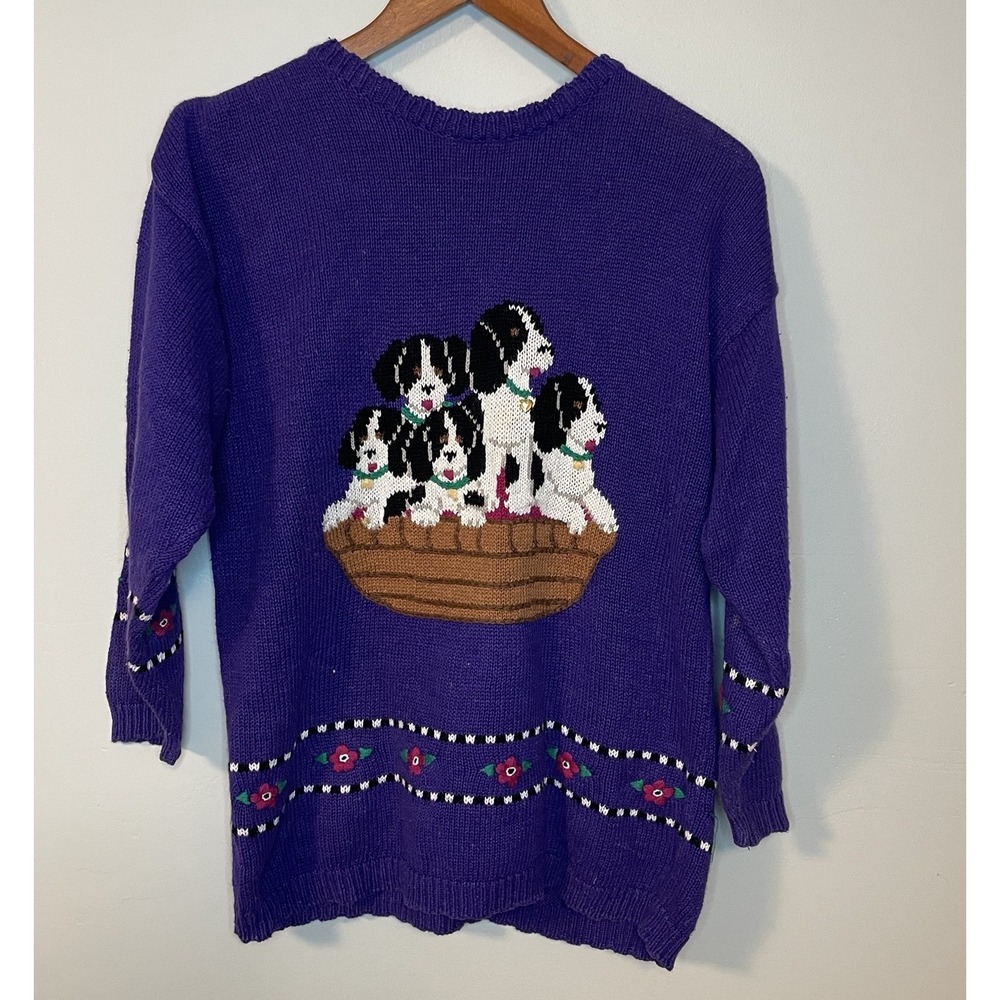 Vintage Hartstrings Sweater Women's 10/12 Green Embroidered Dog Basket
